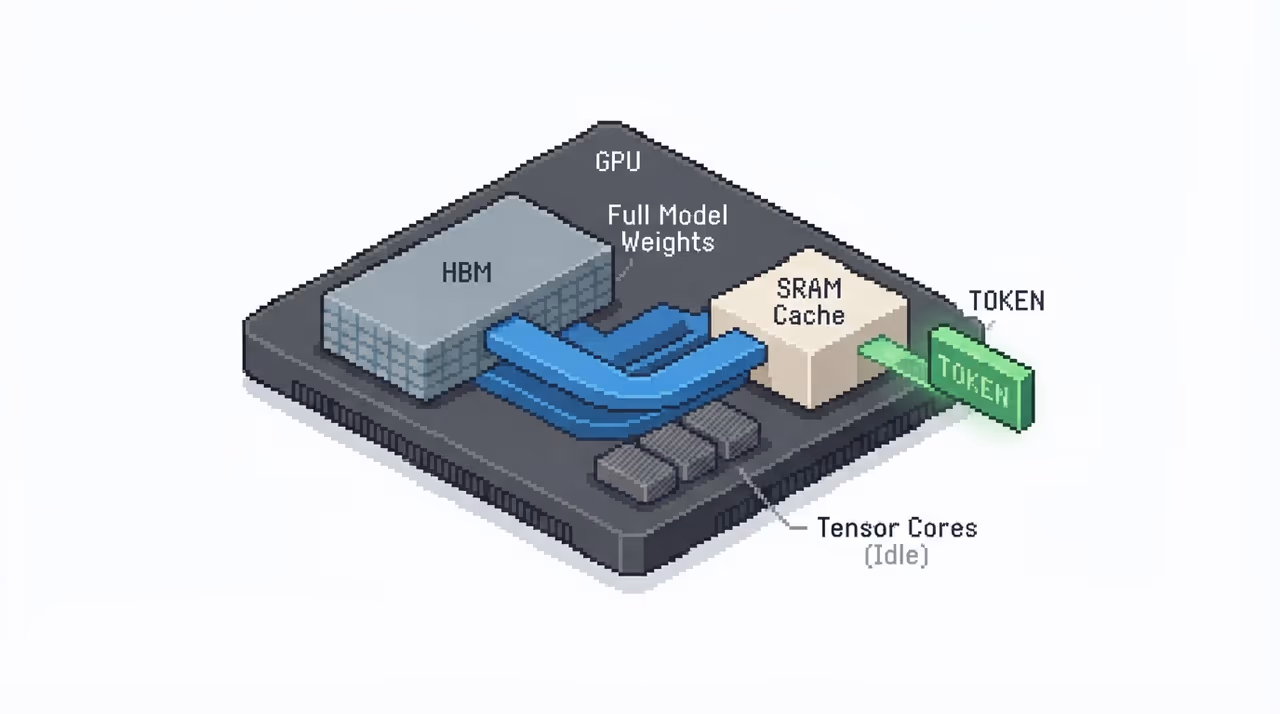 A GPU generating tokens one at a time with most compute idle