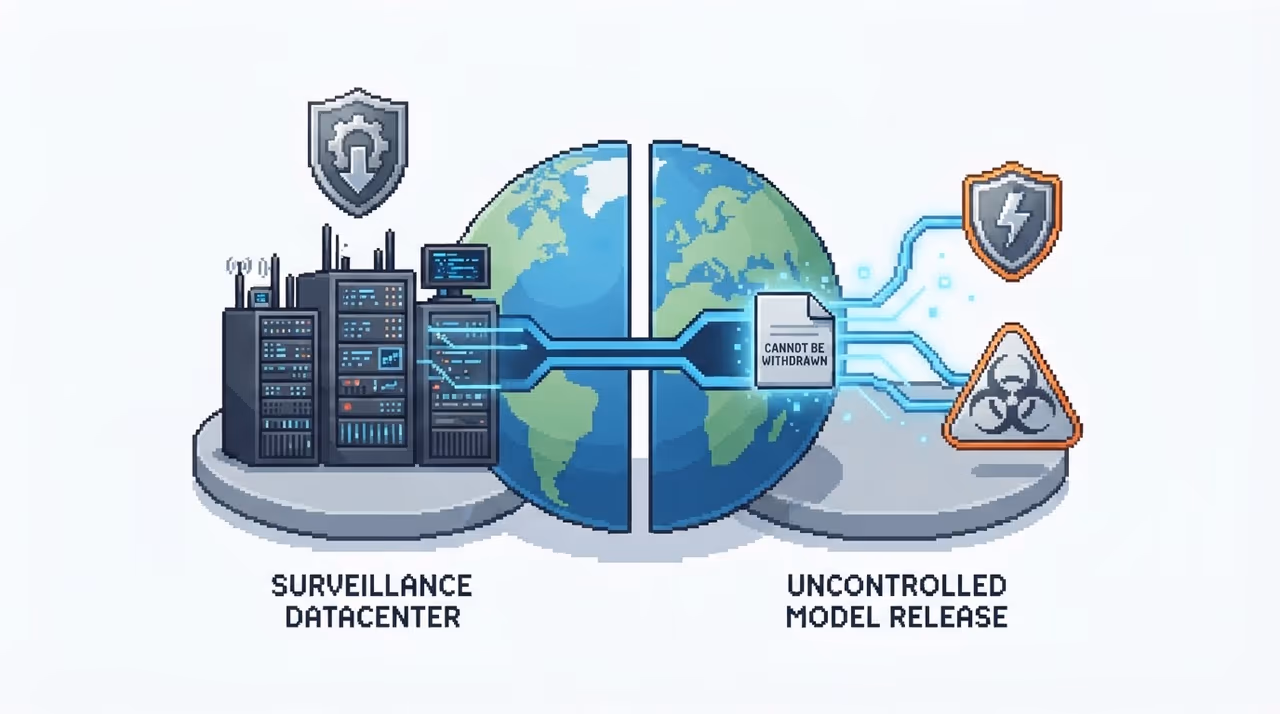 A globe showing two AI threat scenarios: authoritarian military use and irreversible misuse