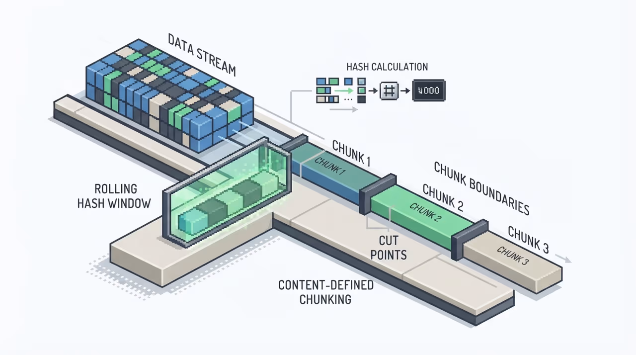 Content-defined chunking with a rolling hash scanning byte by byte