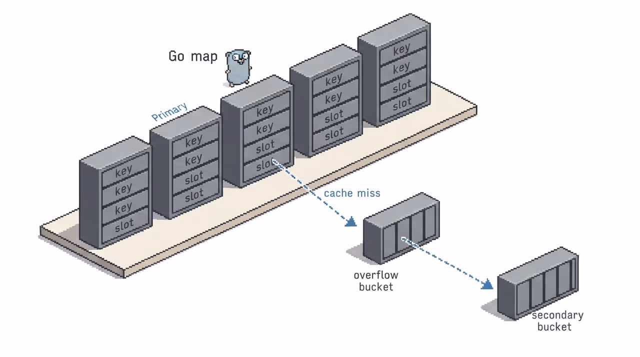 Old Go map bucket array with overflow chains leading to scattered memory