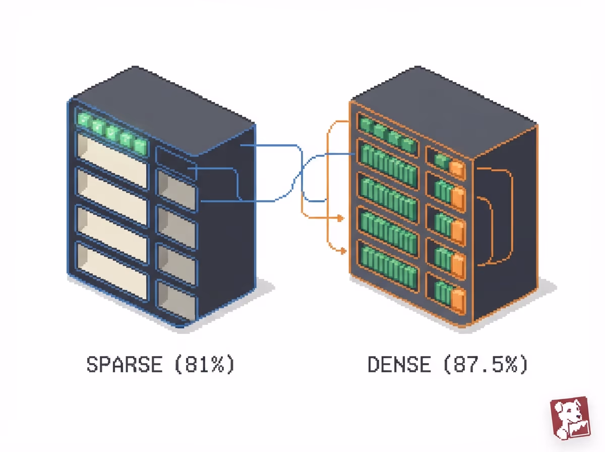 A sparse table beside a denser table showing higher load factor