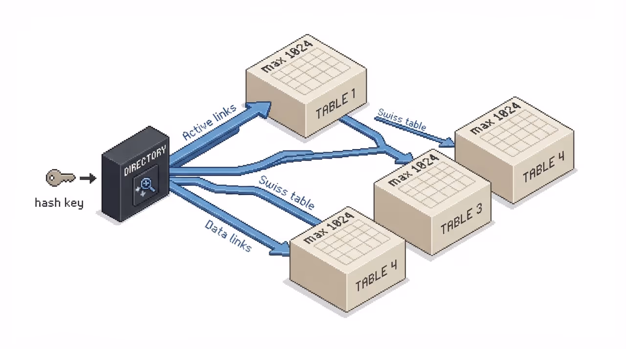 A directory routing keys to several small independent Swiss tables