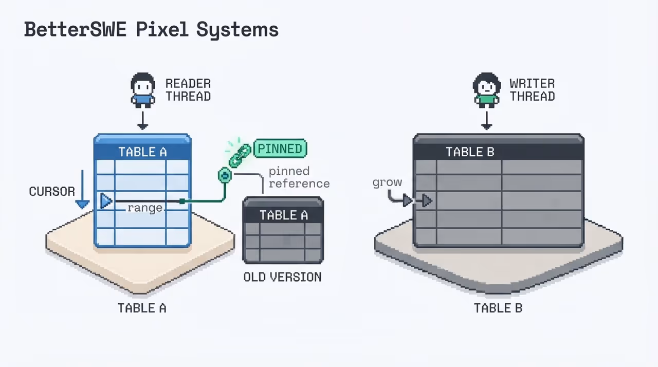 An iterator reading a pinned old table while another grows