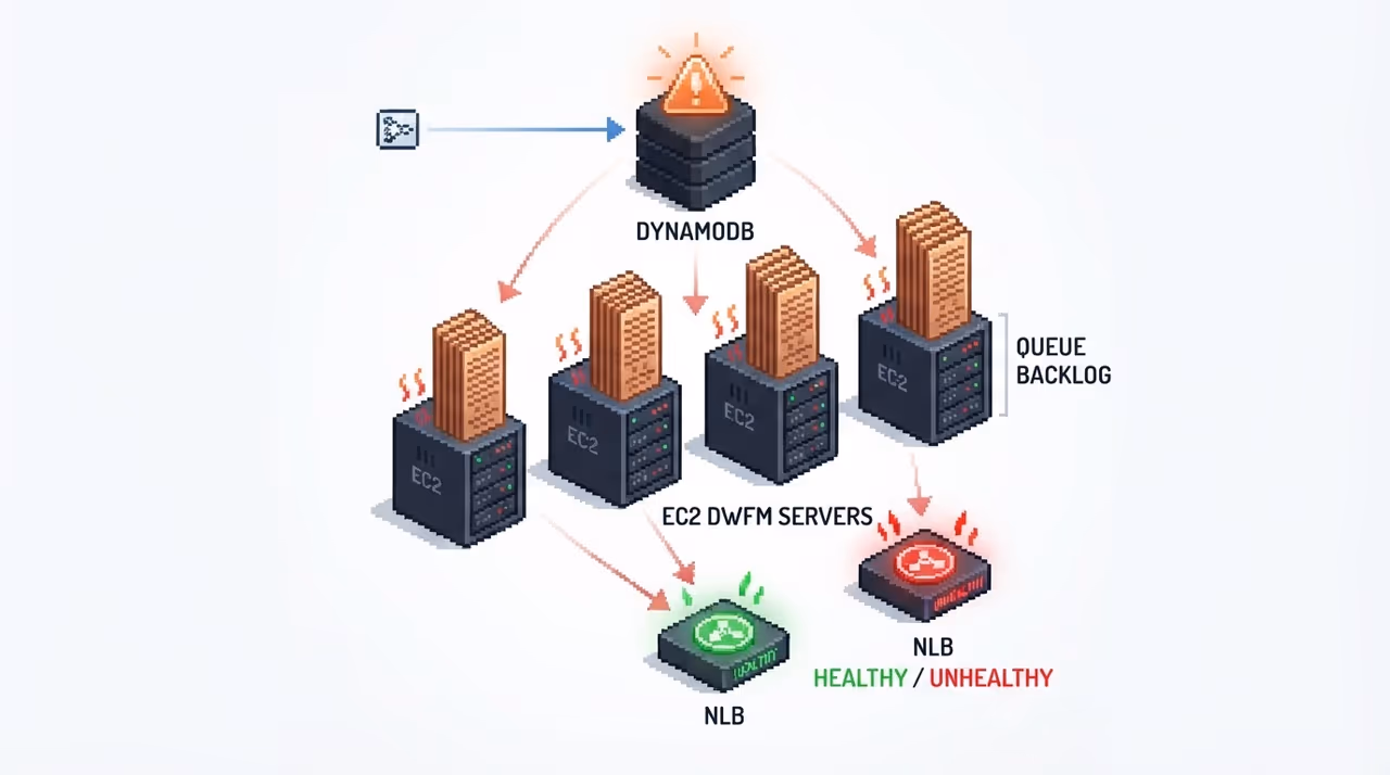 Cascade from DynamoDB outage to EC2 DWFM collapse to NLB flapping