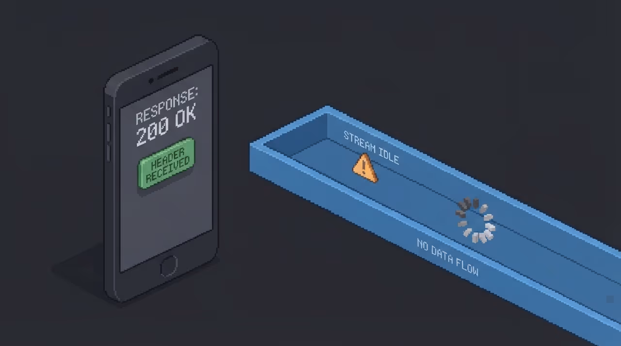 A phone showing a 200 OK response with a frozen stream
