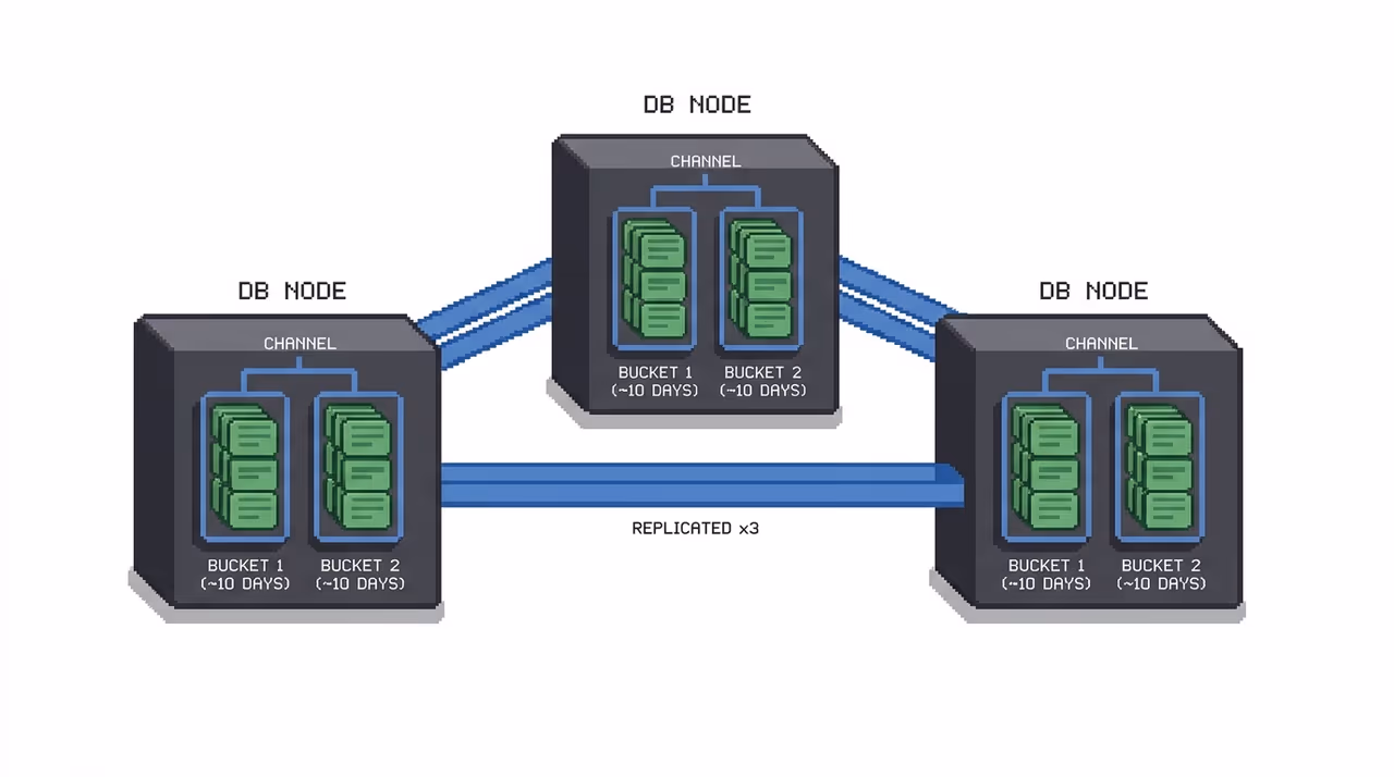 A channel's messages grouped into time buckets and replicated across three database nodes