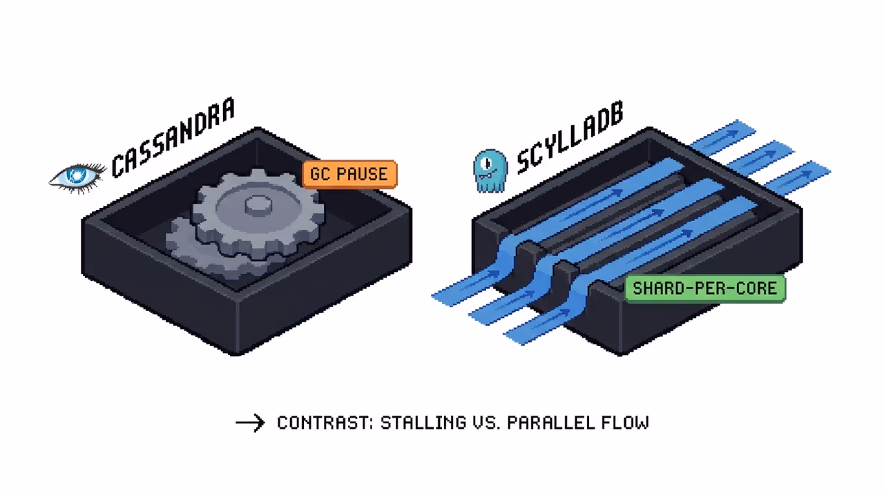 A JVM engine stalling on garbage collection beside a smooth shard-per-core C++ engine