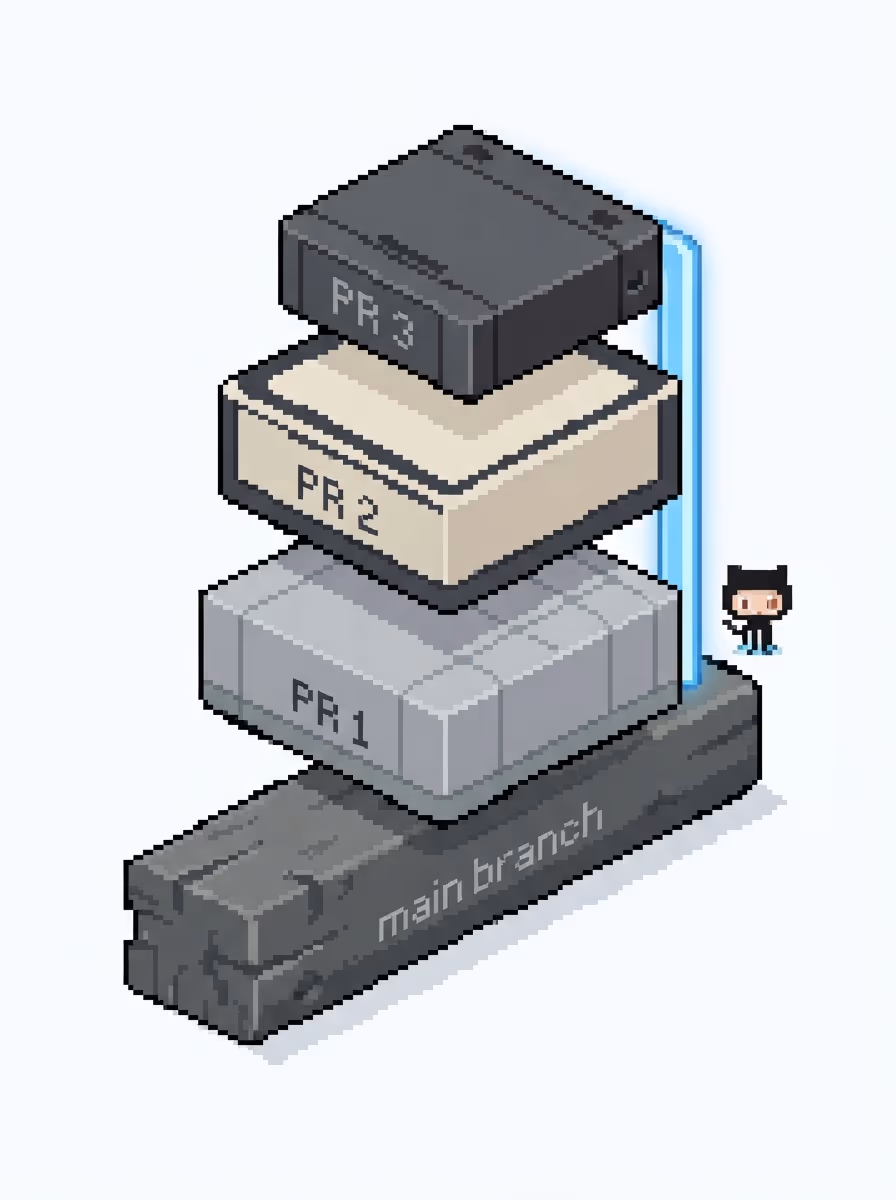 Three PR layers stacked on a main branch trunk