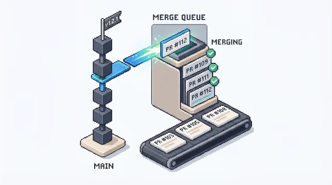 A stack merging bottom-up into main, with a merge queue lane beside it