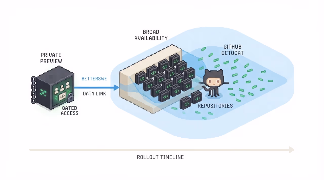 A rollout timeline from gated private preview to all repositories