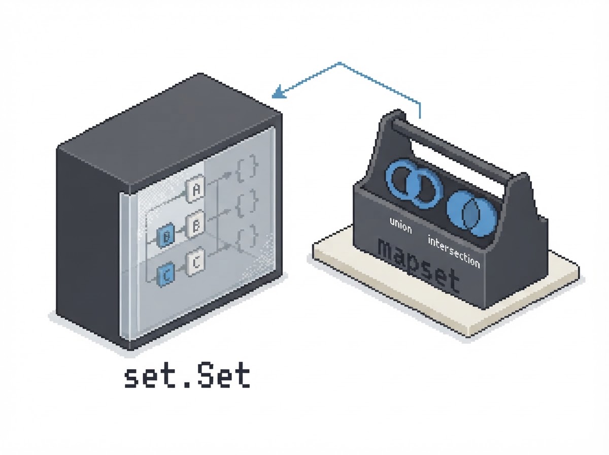 set.Set wrapping map of struct values, mapset helpers beside it