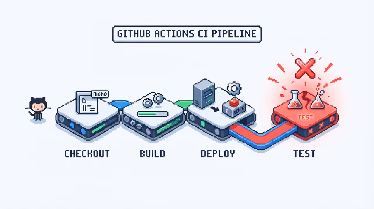 CI pipeline with a failing test stage and a Redis container still starting up
