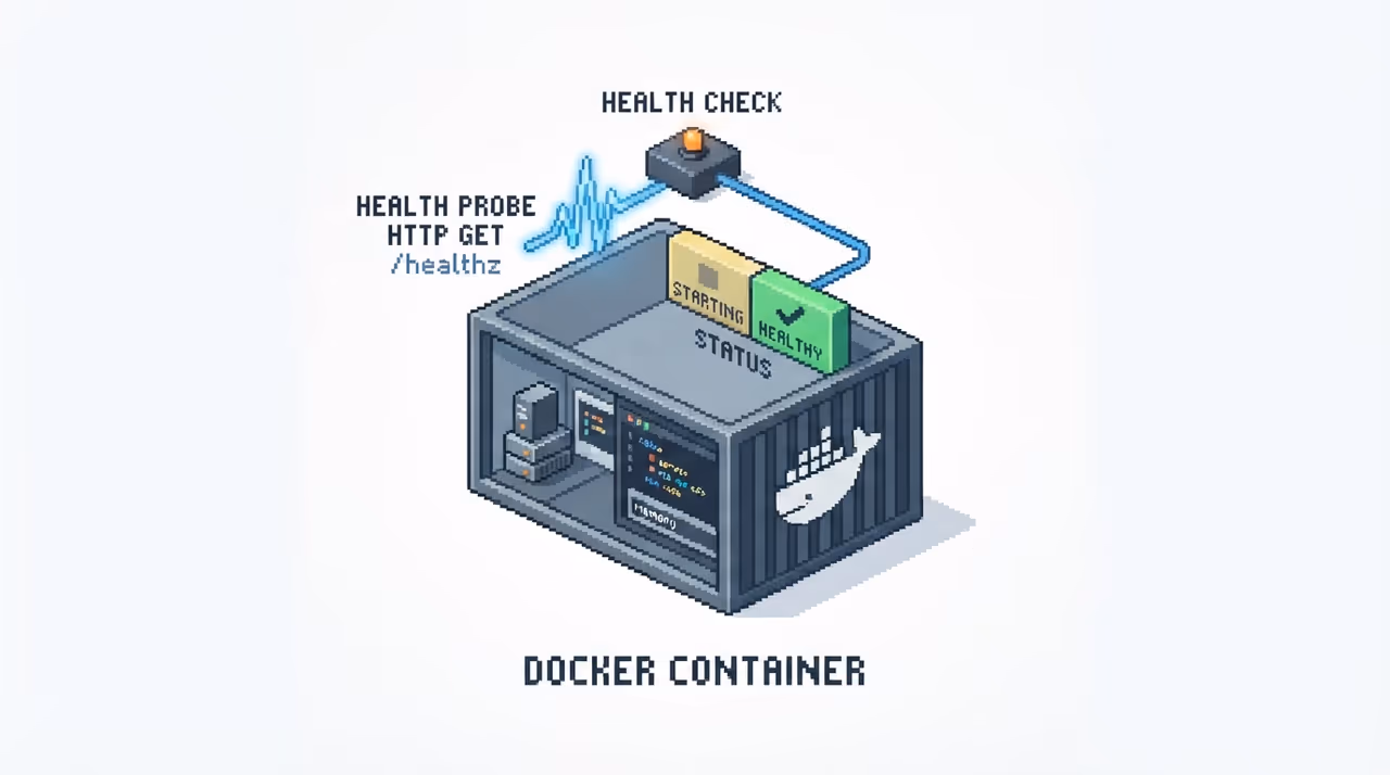 Docker container being health-checked with a pulse line, transitioning from starting to healthy