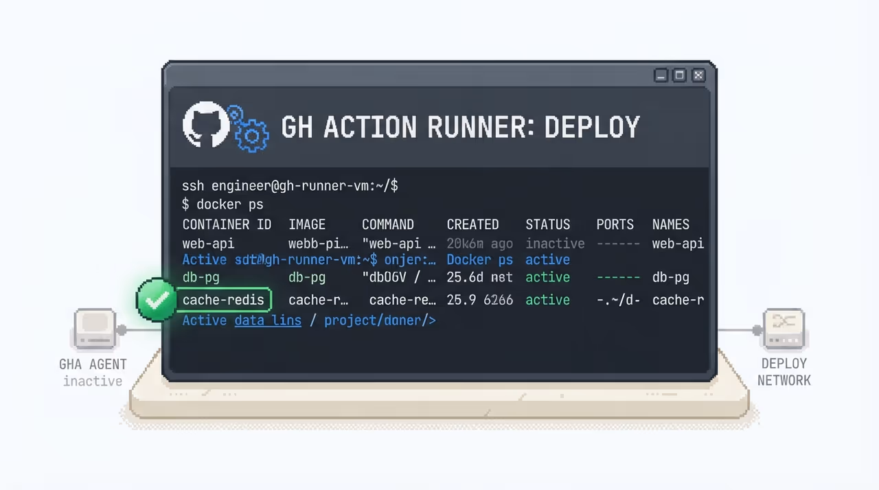 Engineer debugging via SSH on a GitHub Actions runner, Redis container now healthy
