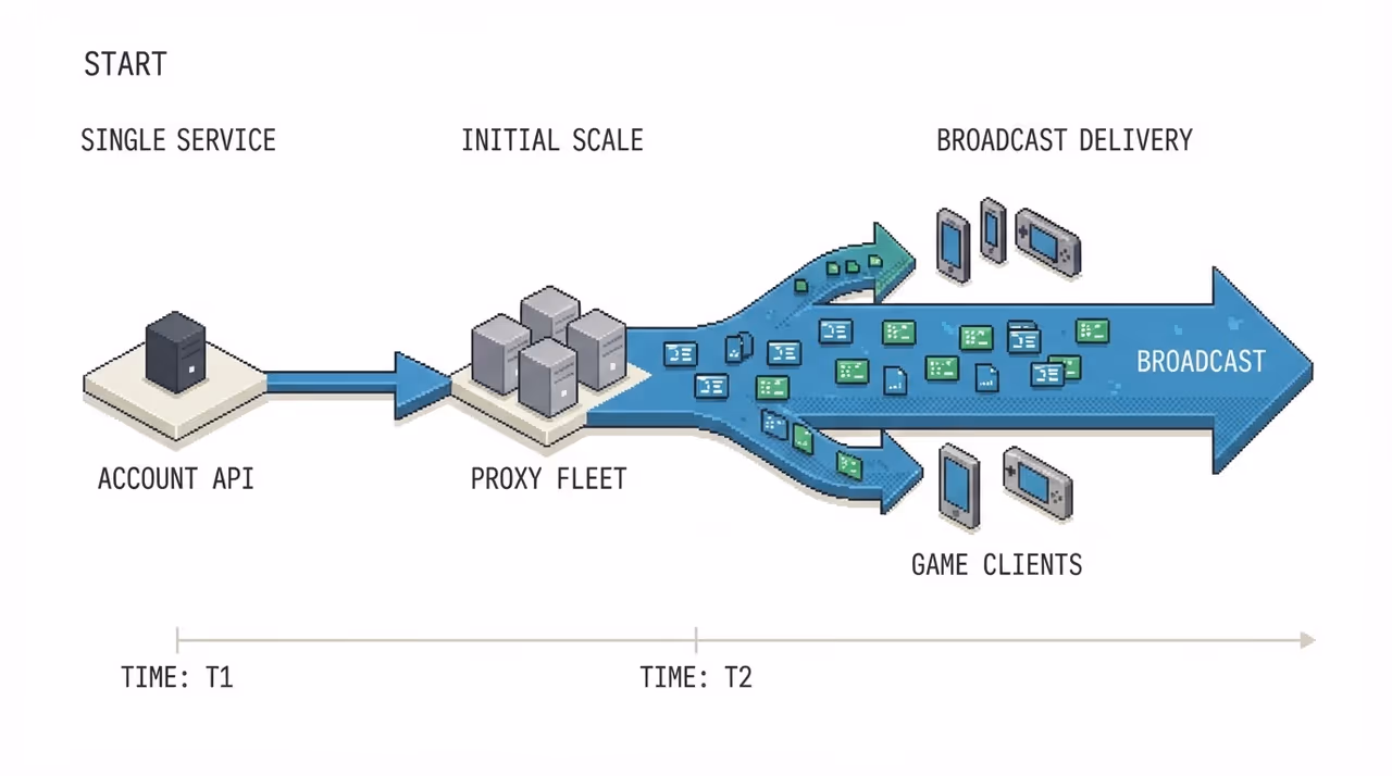 A service evolving from a simple account API into a real-time event fleet