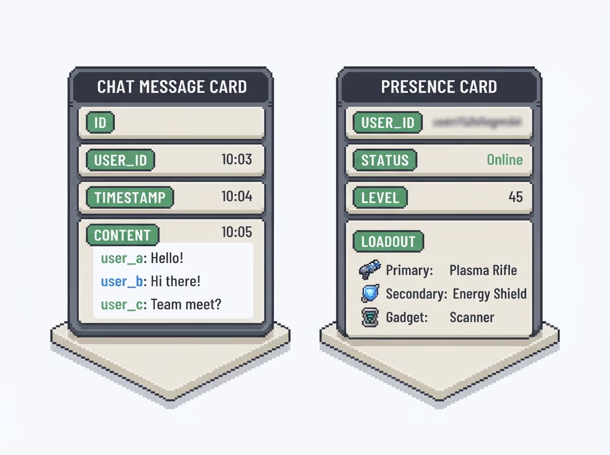A chat message and a player presence record built from the same nested-map shape
