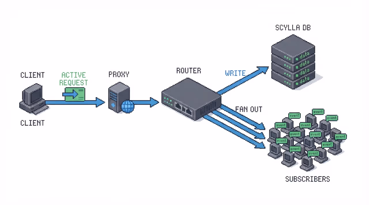 A request path writing to ScyllaDB before broadcasting to subscribers