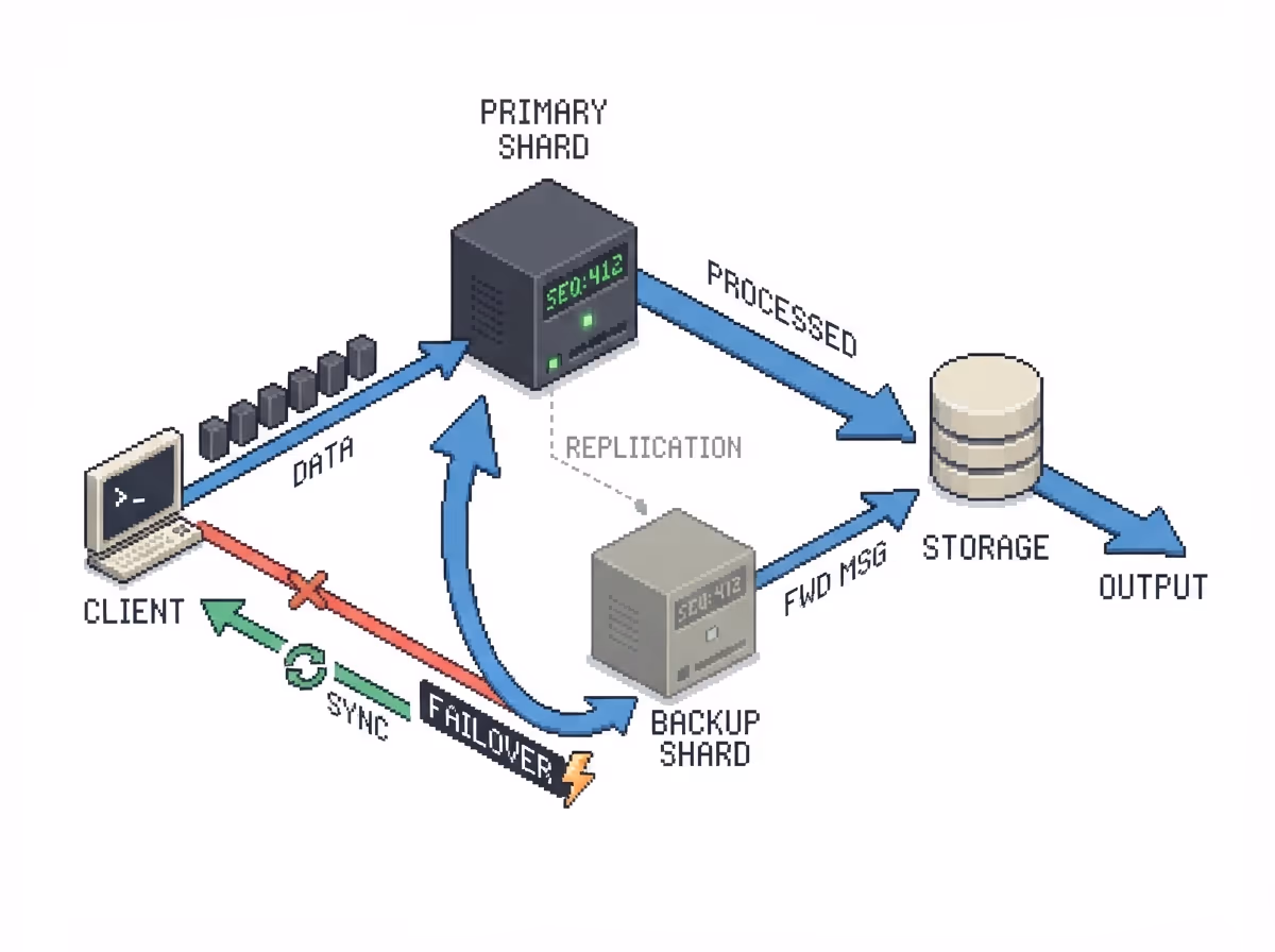 A topic with an active primary shard and a passive backup shard, plus client resync on failover