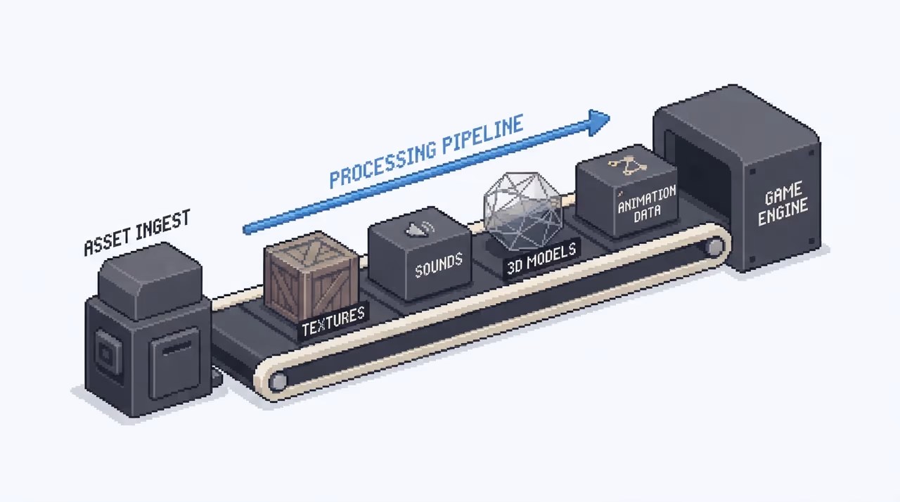 Assets moving one at a time down a single conveyor belt