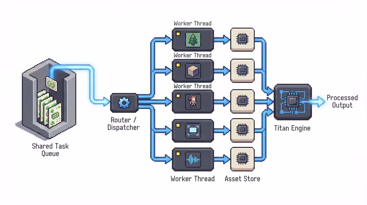 A shared queue feeding multiple parallel worker threads