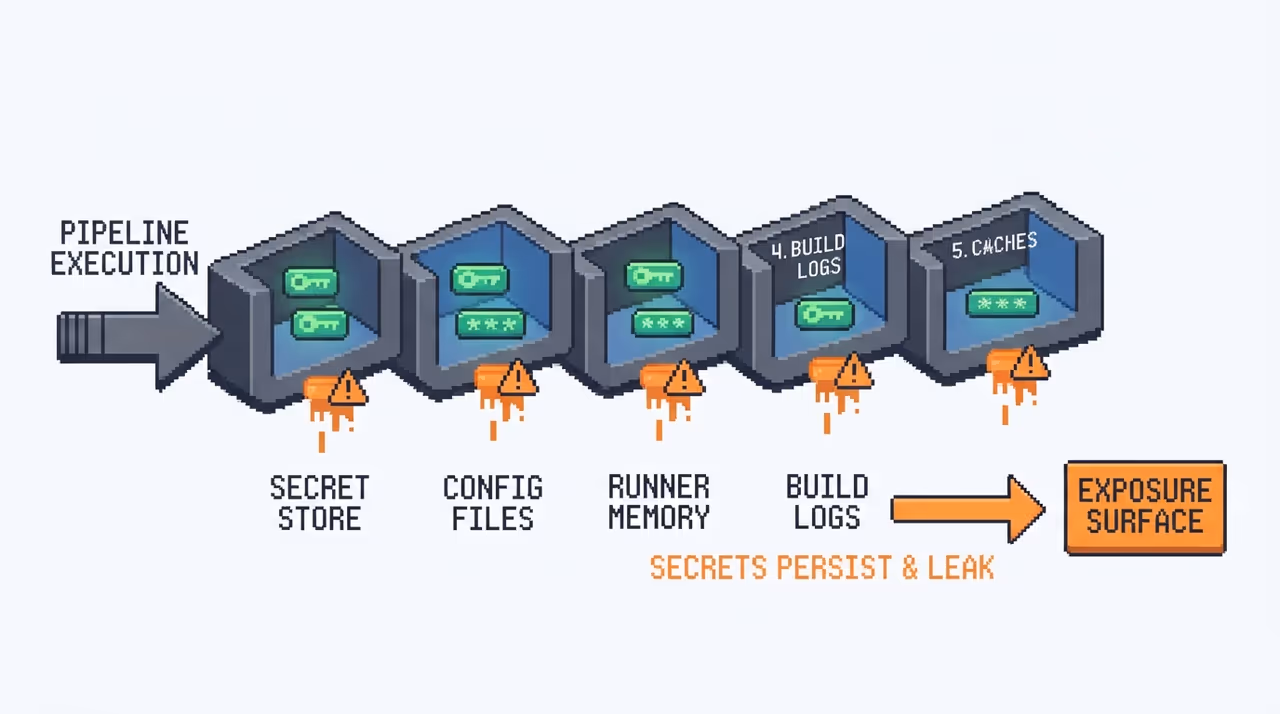 Five locations in a CI/CD pipeline where credentials can be exposed