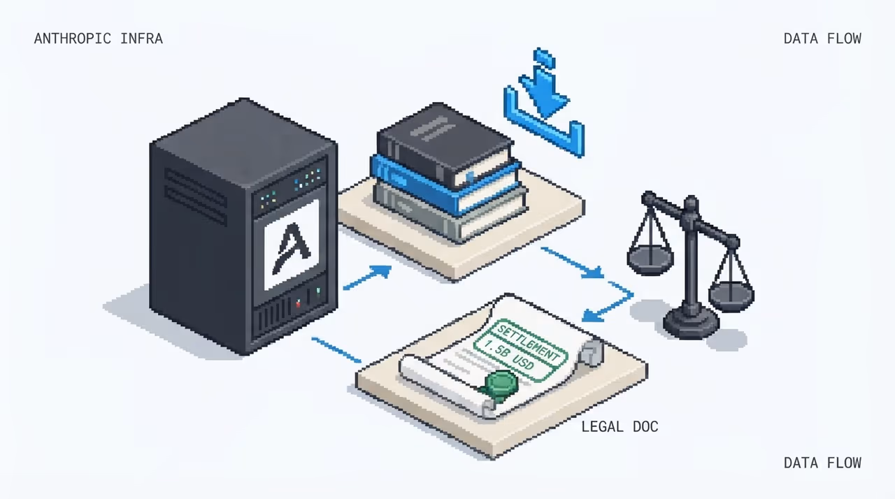A settlement document beside pirated books and a training server