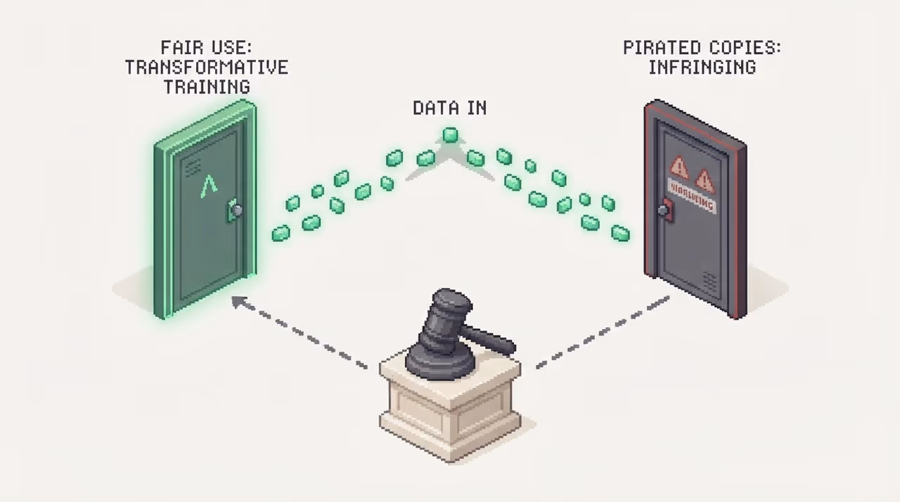 A split ruling separating fair-use training from infringing downloads