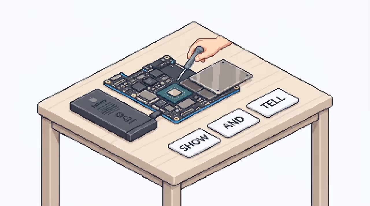 An interview table covered in labeled phone hardware components