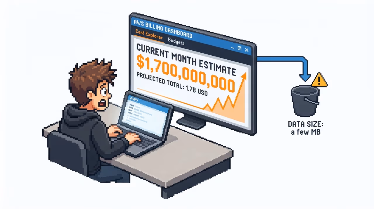 A billing console showing an absurd multi-billion-dollar estimate next to a tiny workload