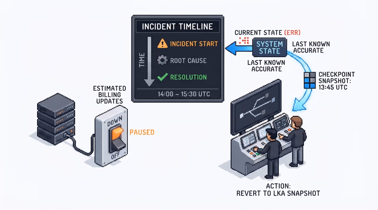 An incident response board showing a paused update pipeline and a revert to a known-good snapshot