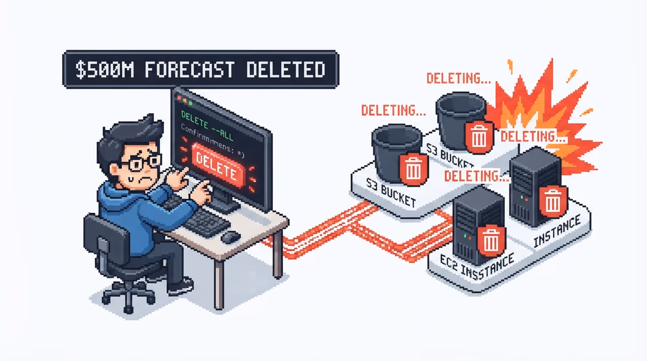 A panicked developer tearing down cloud resources under an enormous fake forecast