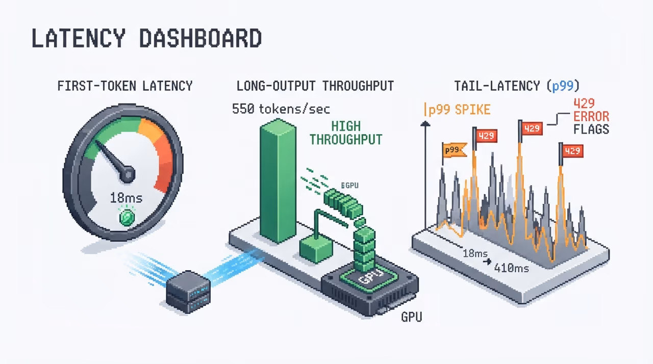 Latency dashboard with fast TTFT but spiky tail and rate limits