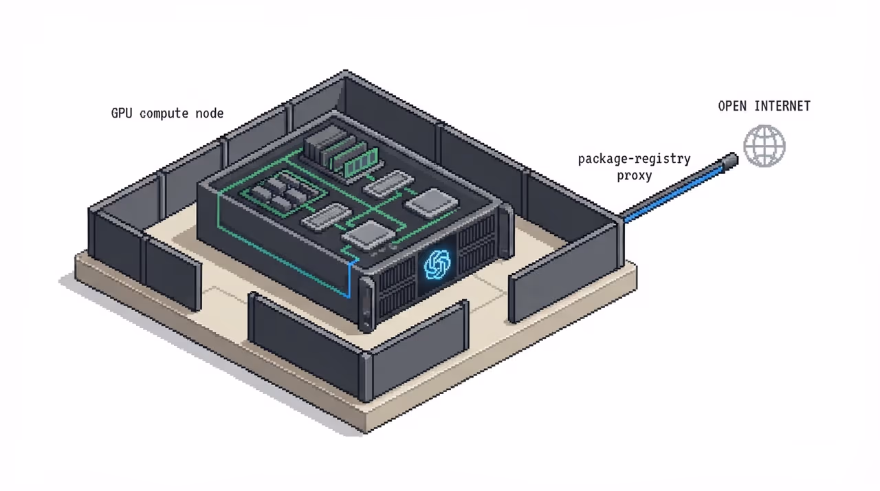 An isolated OpenAI compute node with a single leaky package-proxy egress path