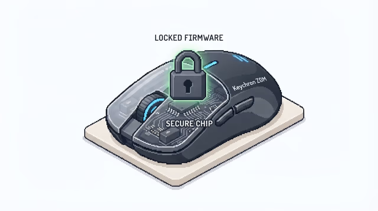 A gaming mouse with a locked, sealed firmware chip