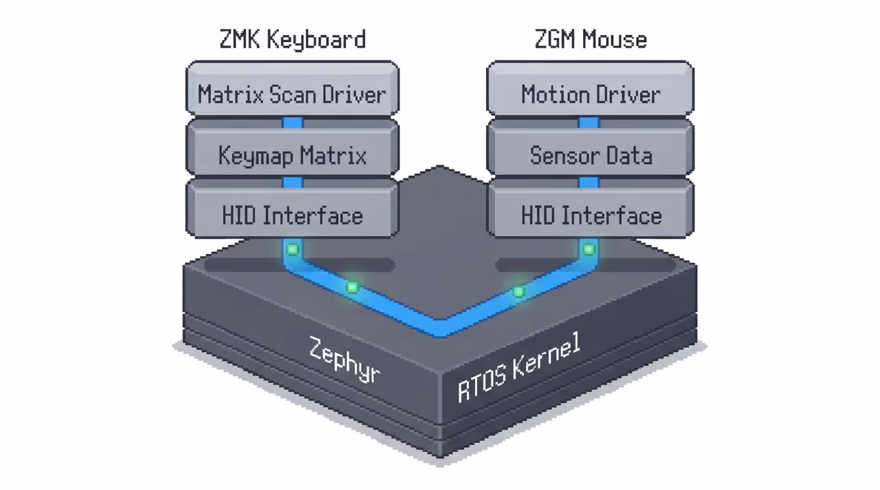 A shared Zephyr RTOS base feeding both a keyboard and a mouse firmware