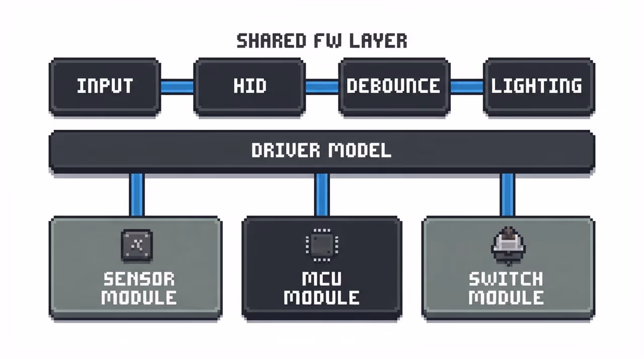 A shared firmware layer plugging into swappable hardware modules through a driver model