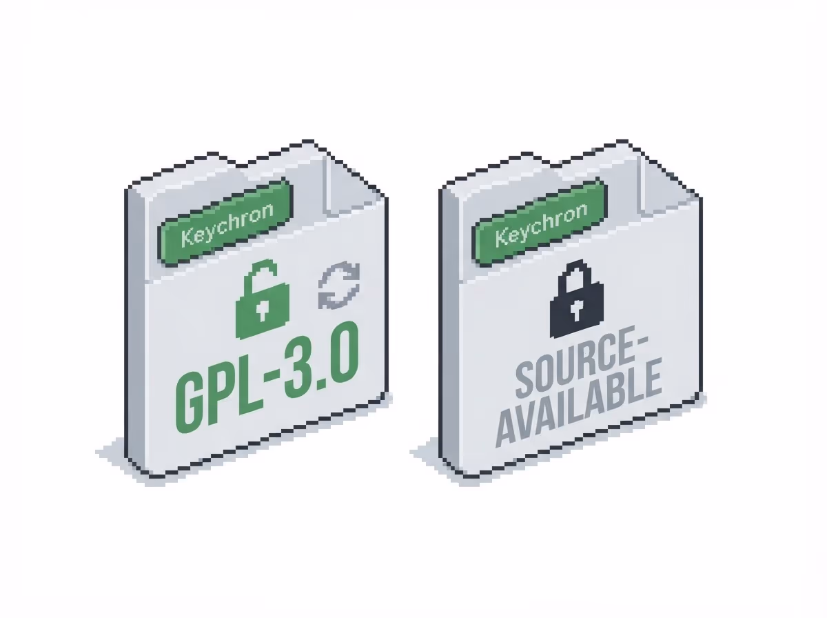 A GPL-3.0 firmware license next to a more restrictive source-available license