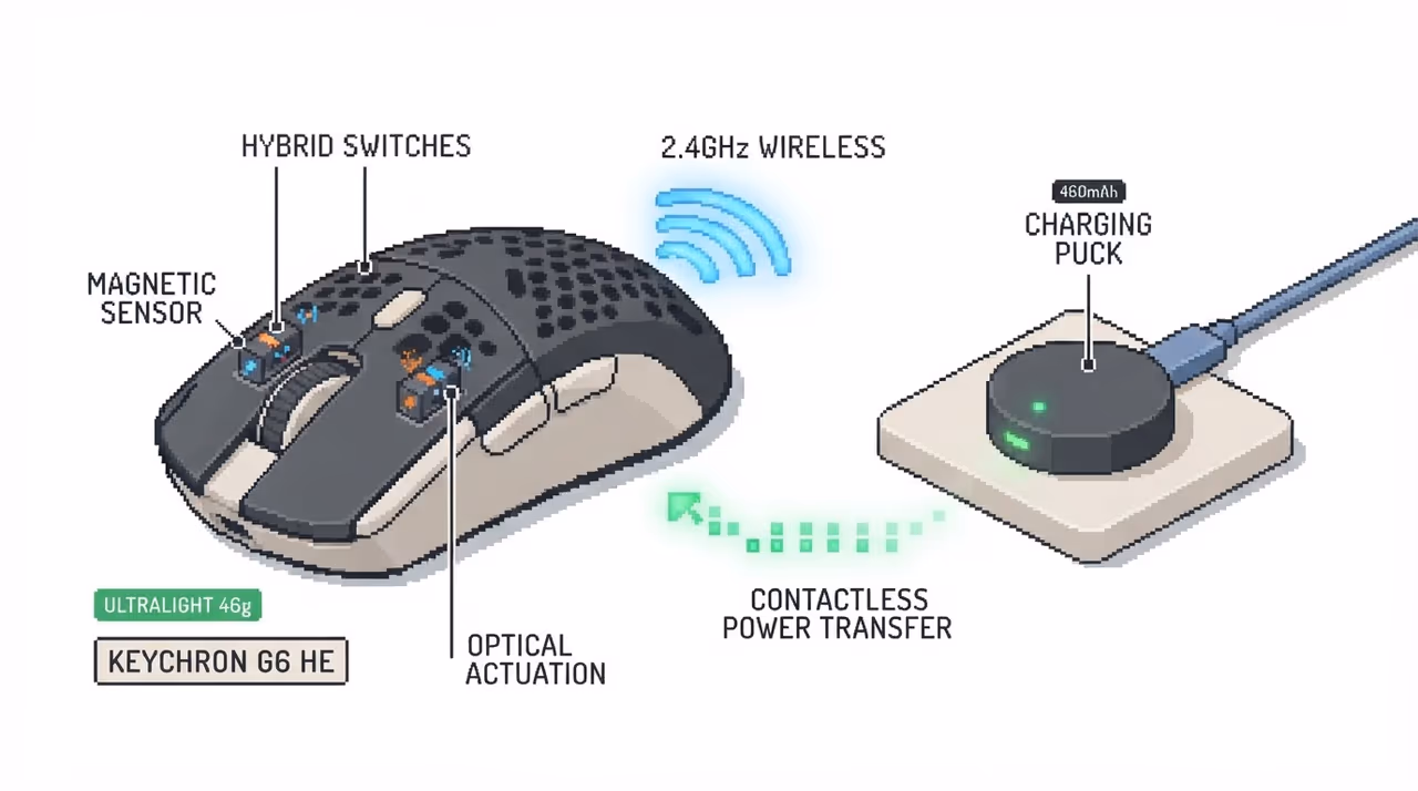 The Keychron G6 HE ultralight mouse with a charging puck