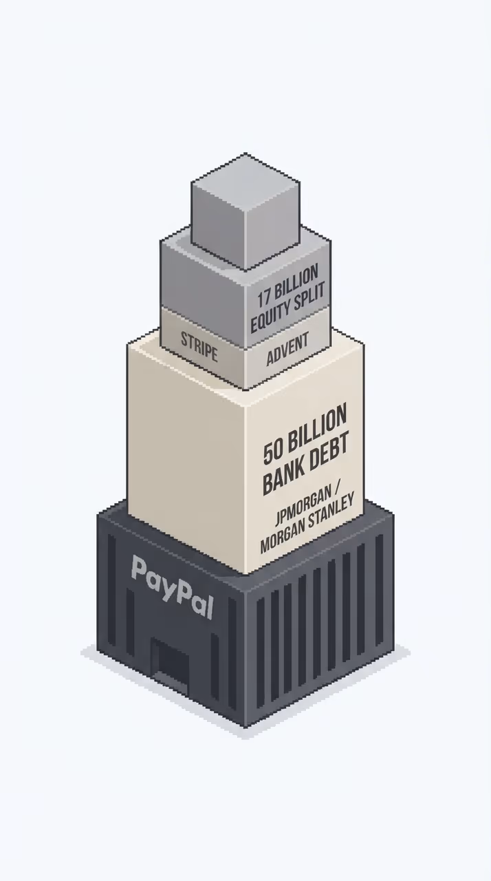 Capital stack showing bank debt and equity resting on PayPal