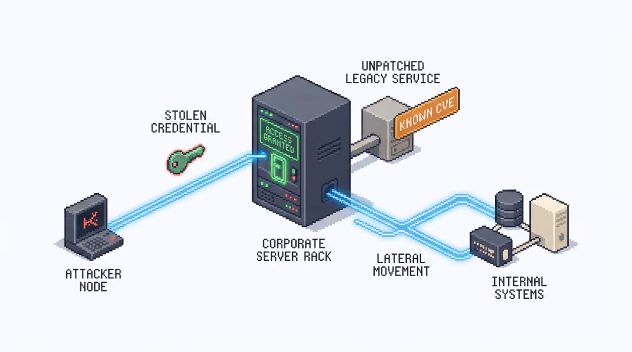 Attacker entering with leaked credentials and a known unpatched vulnerability