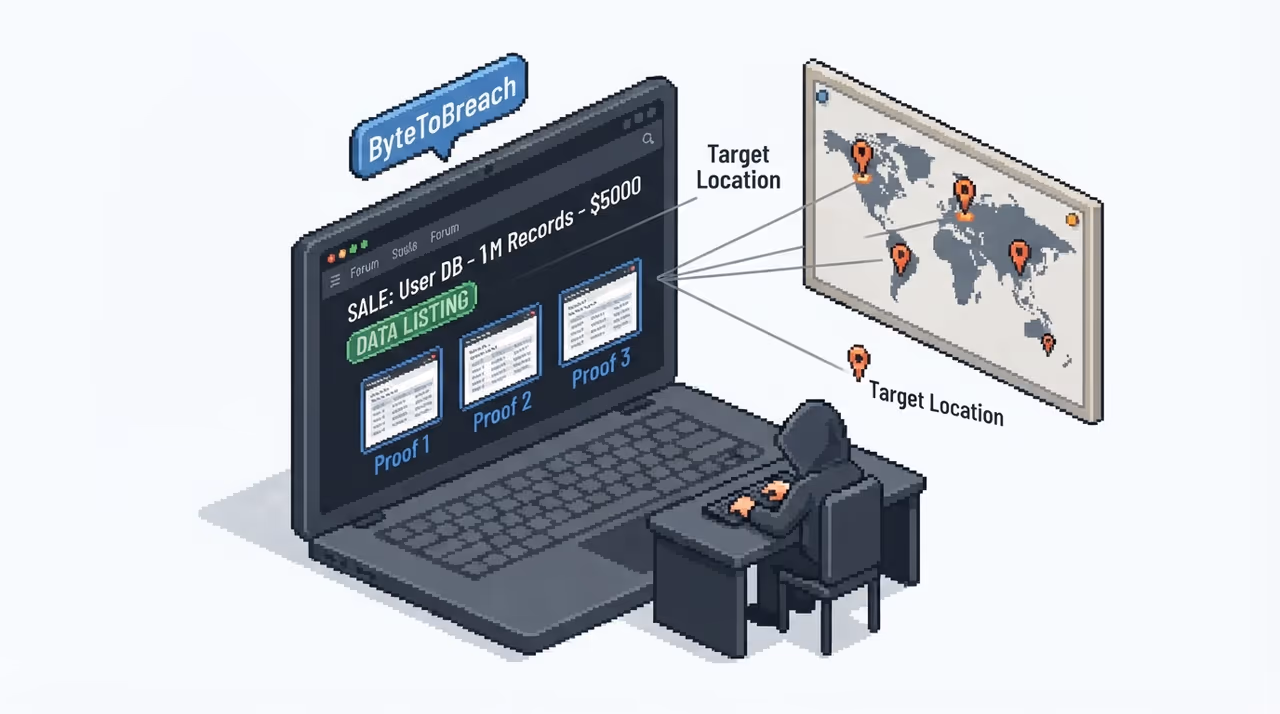The ByteToBreach actor advertising stolen data on a dark web forum