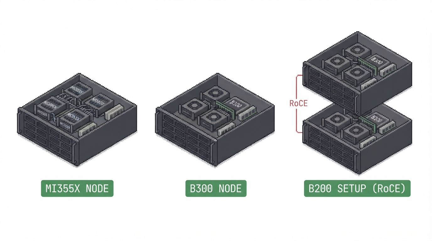 Single-node MI355X and B300 versus a two-node B200 topology