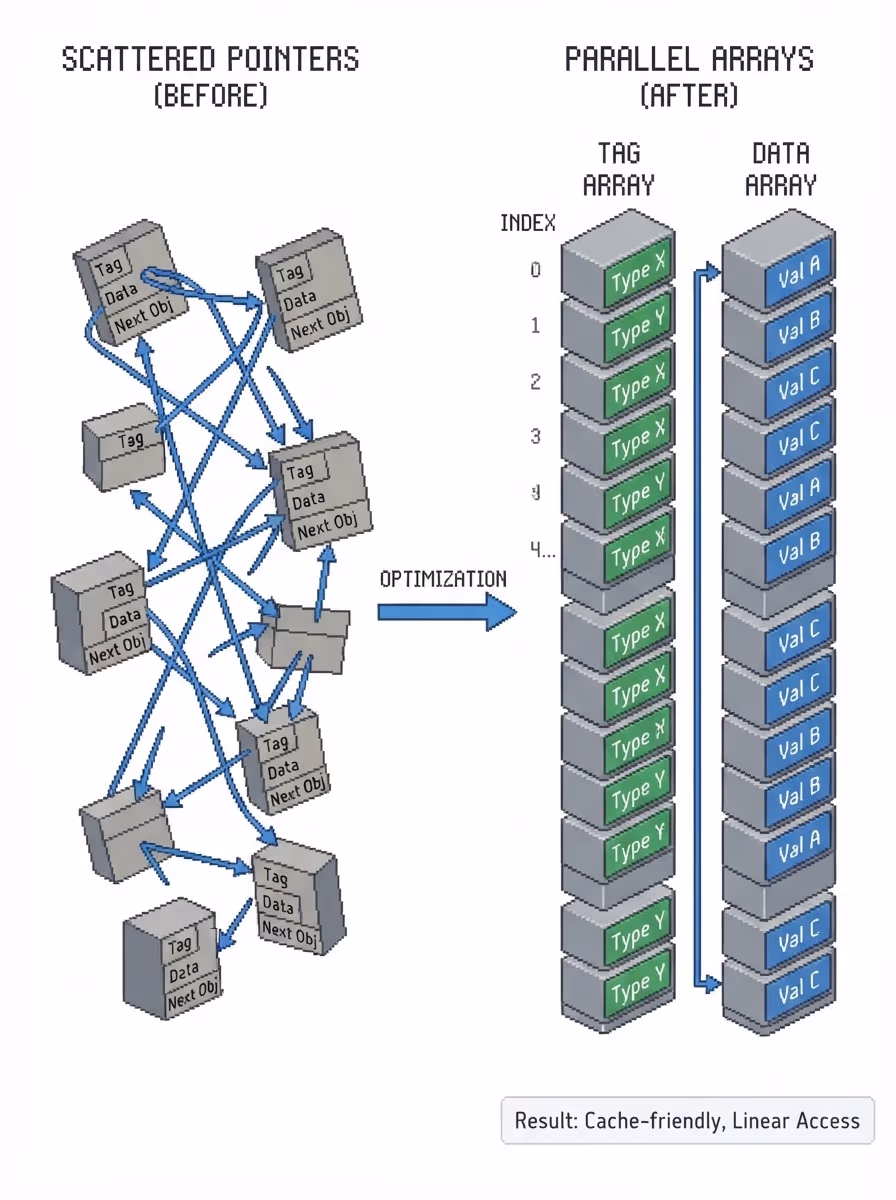 Compiler data moving from pointer-linked structs to flat arrays addressed by integer indices