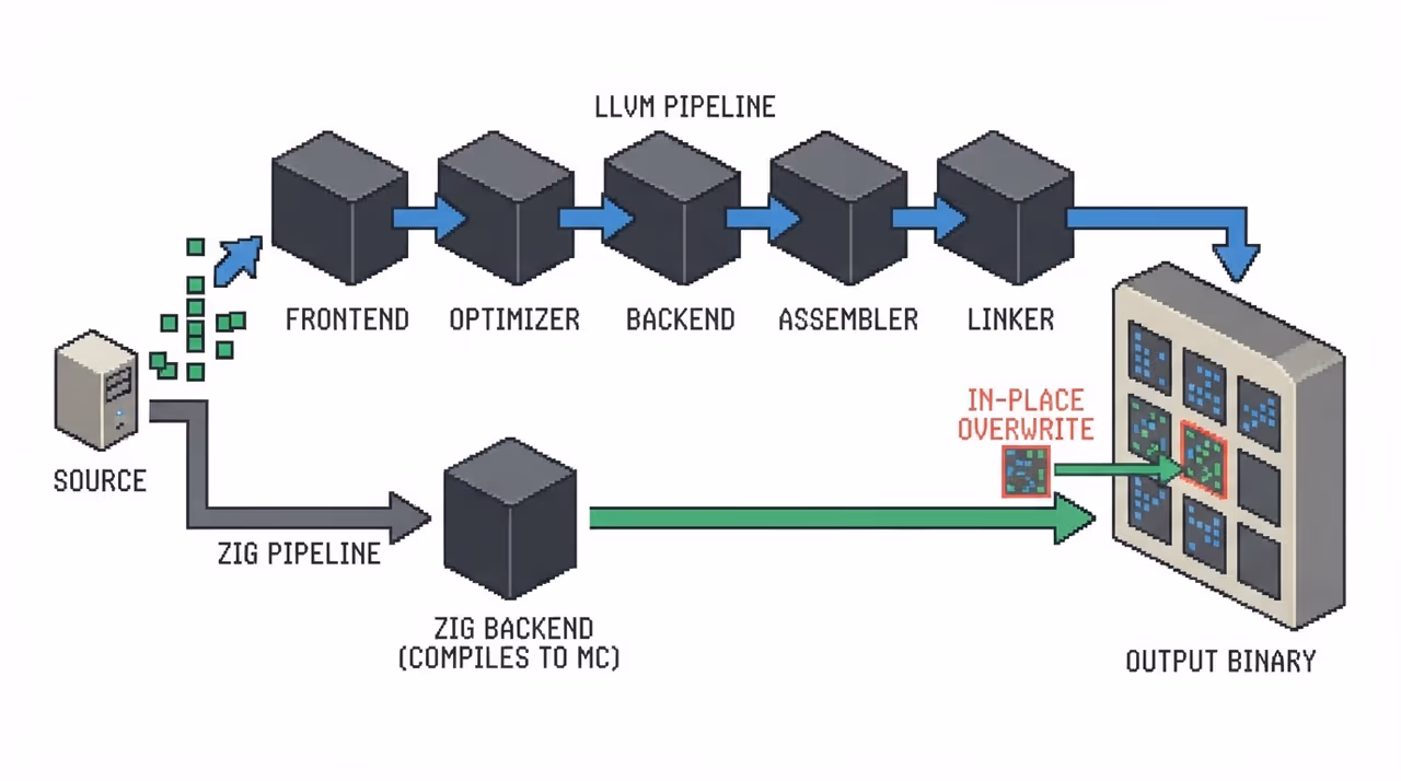 Zig's self-hosted backend emitting machine code directly and patching a single function slot in the output binary