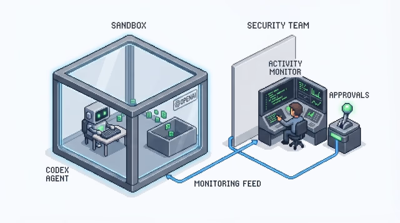 Codex agent inside a sealed sandbox watched by a security console