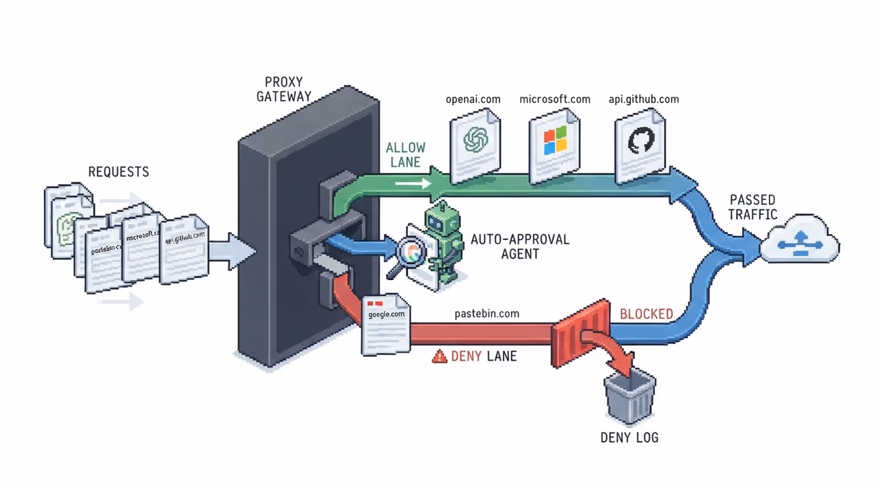 Auto-approval subagent and a network proxy with allow and deny lanes