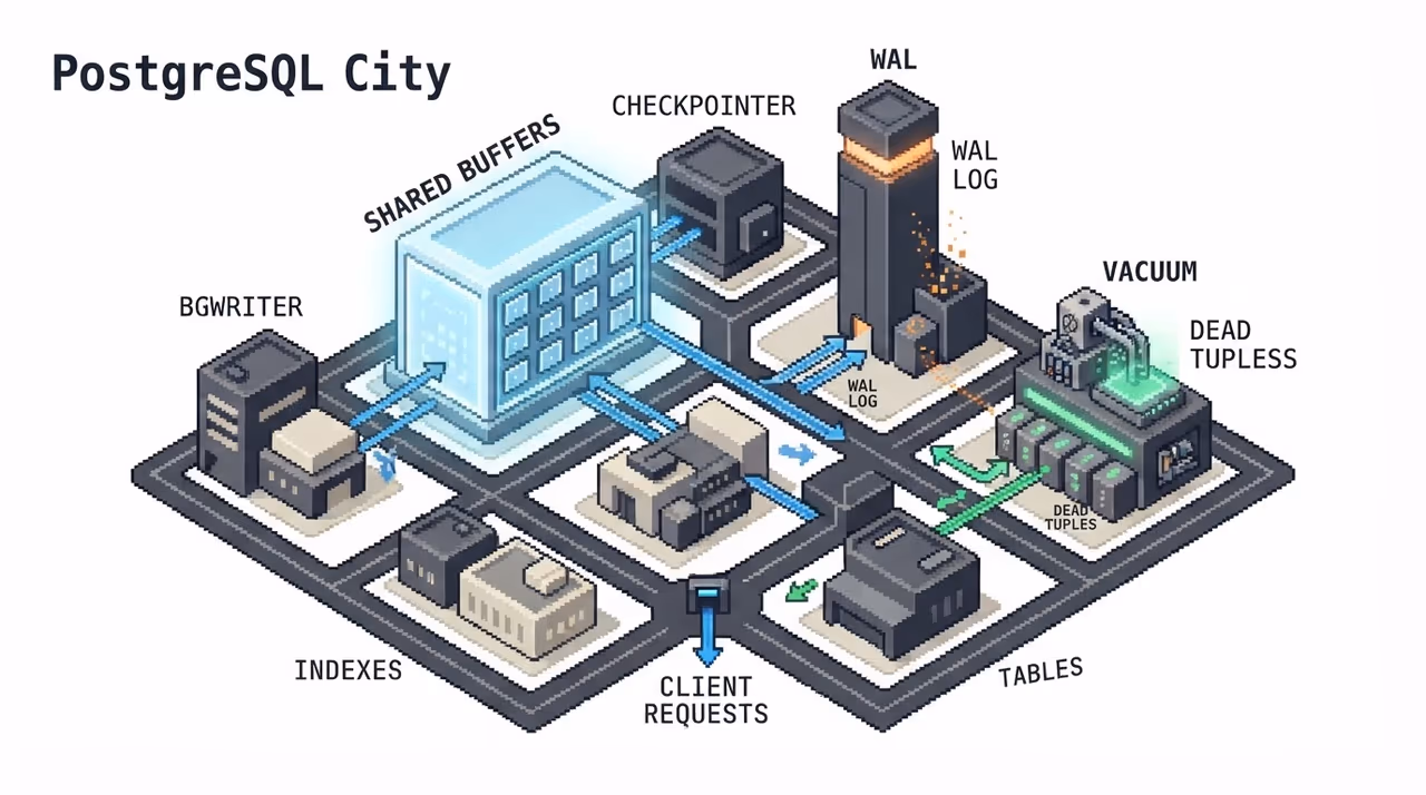 A 3D city with districts labeled as Postgres subsystems