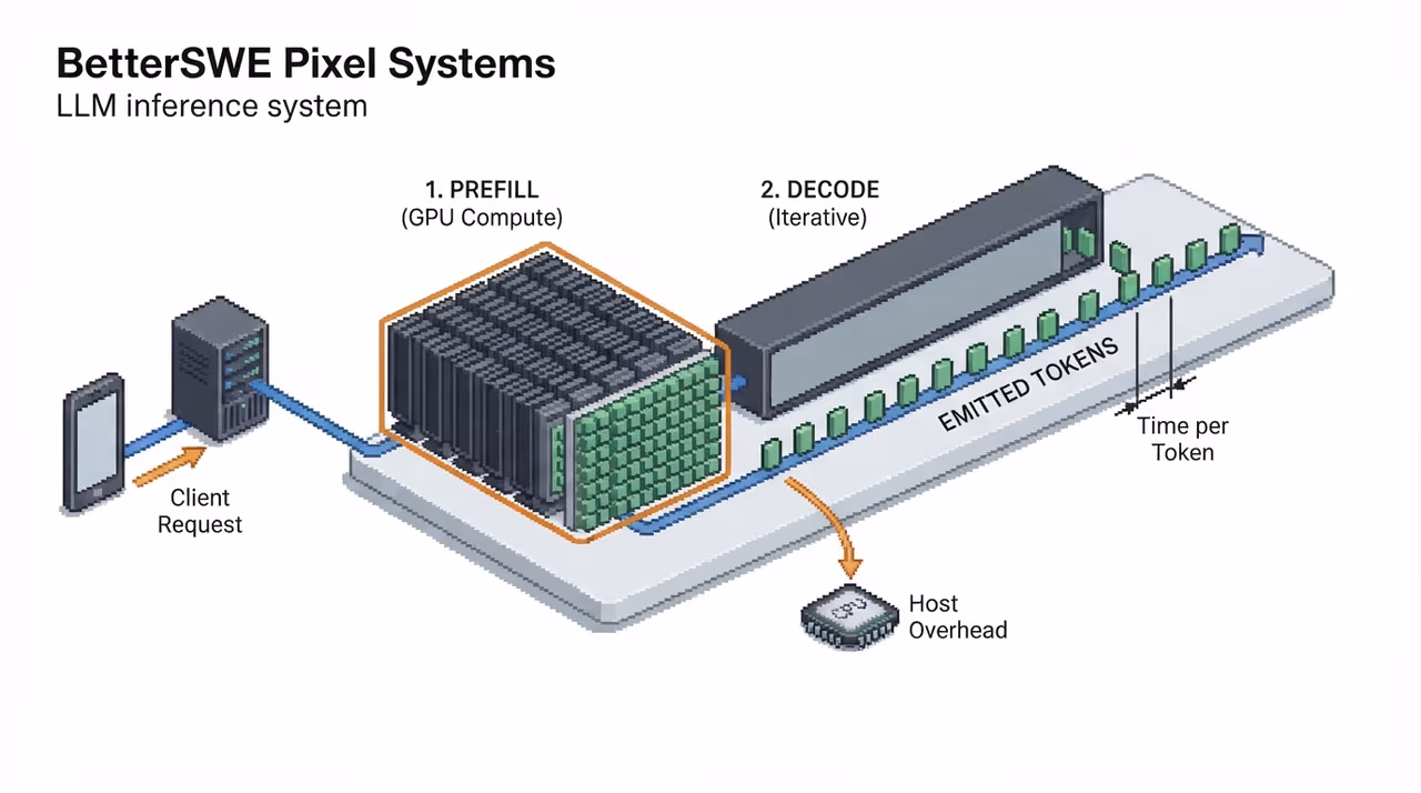 Latency broken into network, host overhead, prefill, and a dominant decode stage