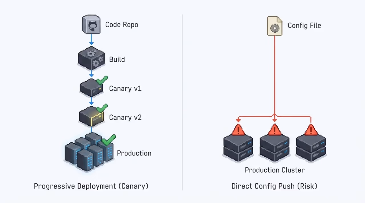 Code deployment with staged rollout on the left, config change going directly to all servers on the right