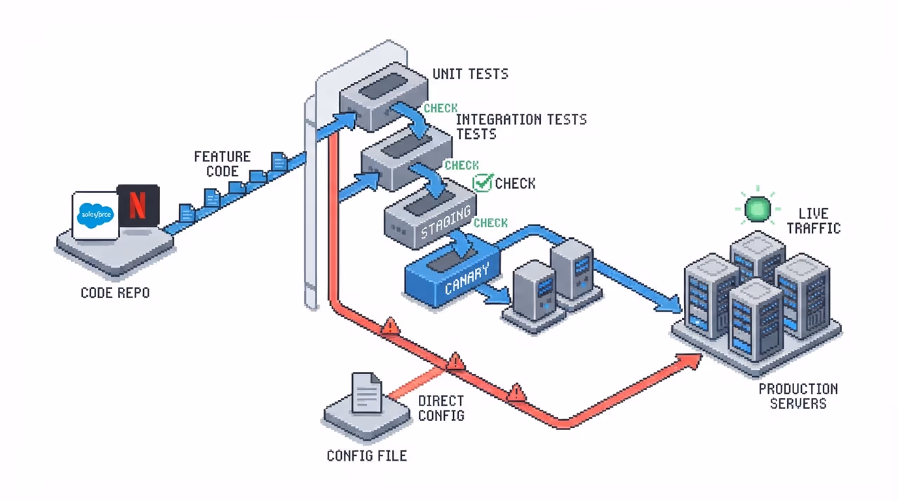 Code deployment path with testing gates and company emblems, config path skipping all gates